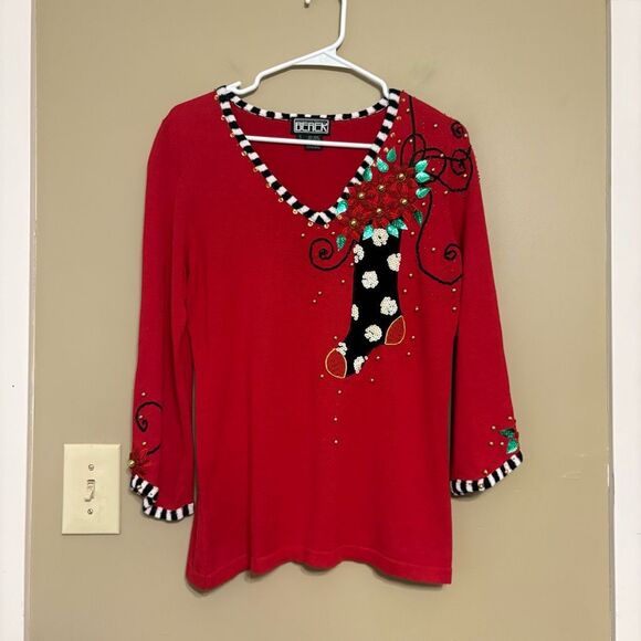 The Collective Works of Berek 2 Red Beaded Stocking Christmas Sweater Small - Picture 1 of 9